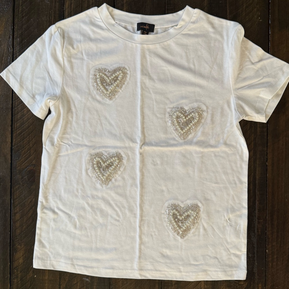 On Twelfth White T-shirt With Beaded Hearts